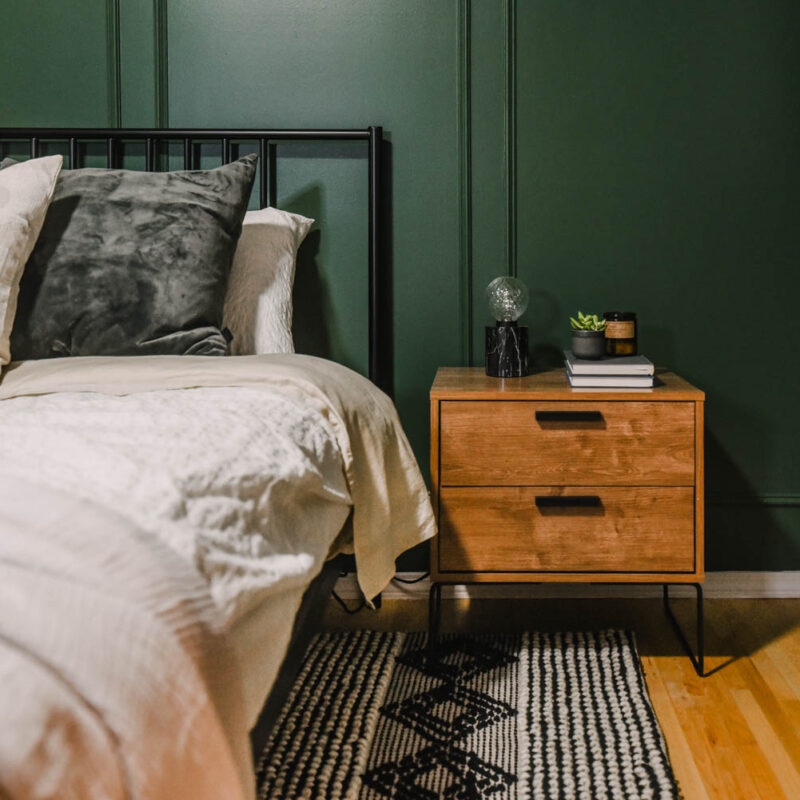 modern nightstand in a Green bedroom makeover