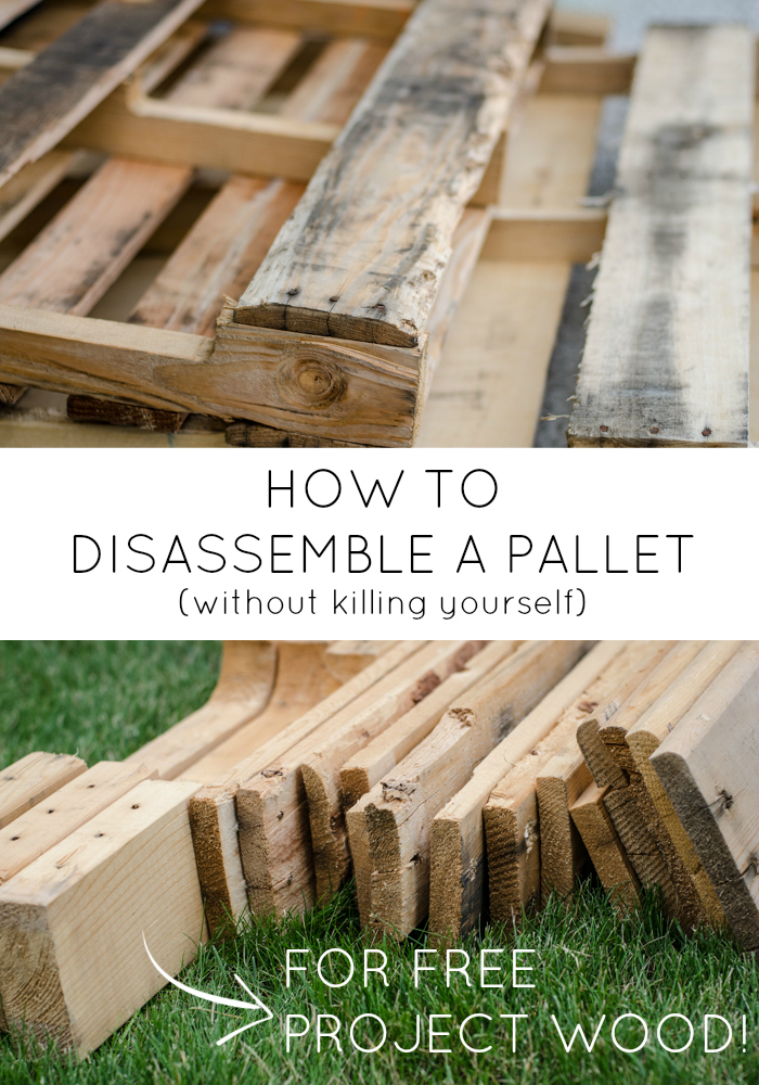 old wood pallet and pieces of free wood from pallet disassembly with text- how to disassemble a pallet without killing yourself for free project wood