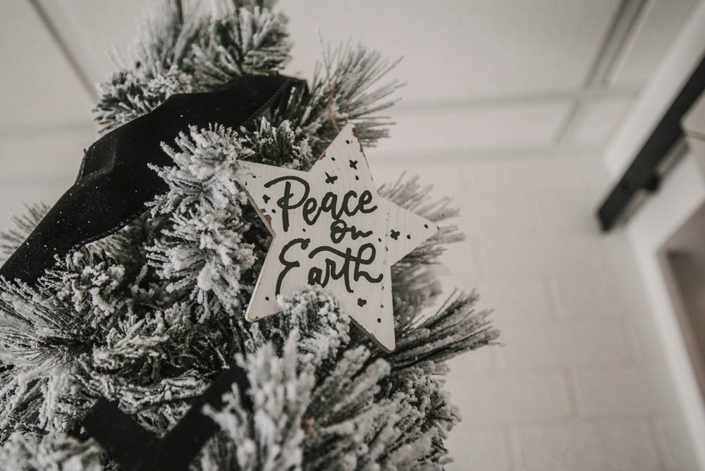Modern black and white flocked christmas tree decor