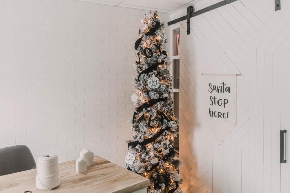 Modern black and white flocked christmas tree decor