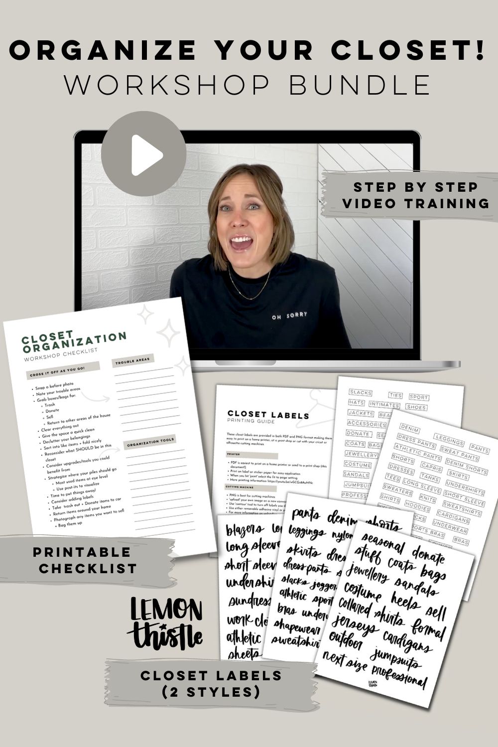 Closet organization workshop bundle with mockup of workshop video, printable checklist and closet labels