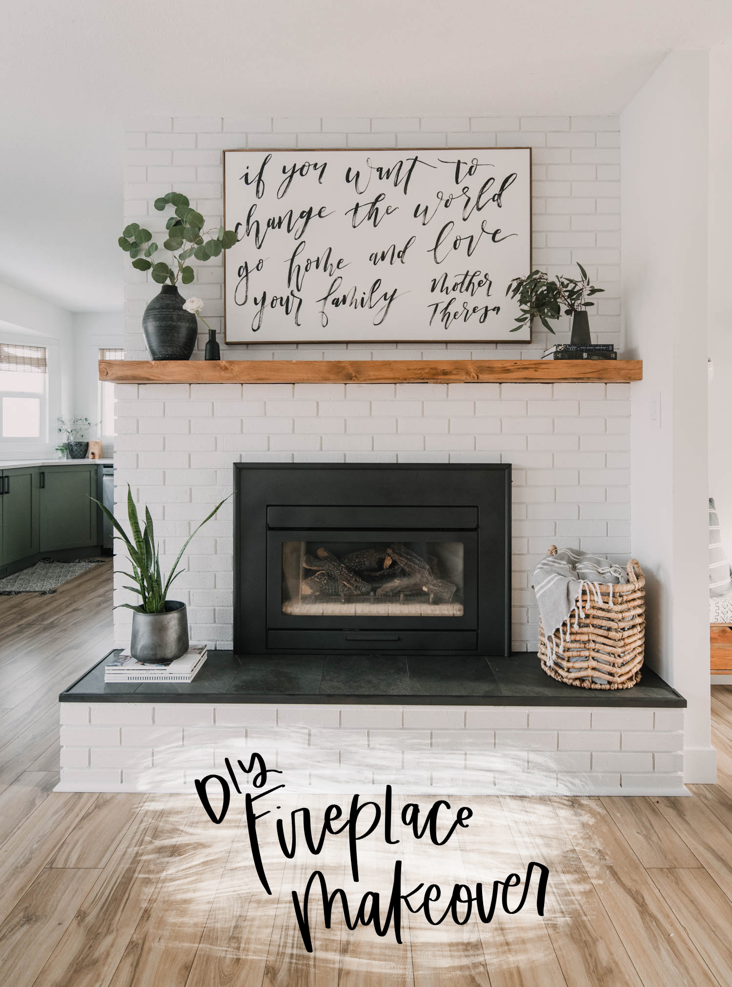 Brick fireplace makeover- painted white with a rustic wood mantel and fresh tile- love the modern tile edge!