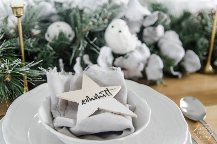 DIY Paint Dipped Wooden Star Place Cards- love that you don't need any tools to cut these wood stars! Such beautiful place settings that can be taken home as gifts after the dinner party