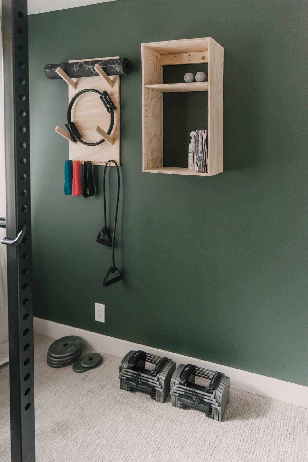 Simple exercise room storage shelves