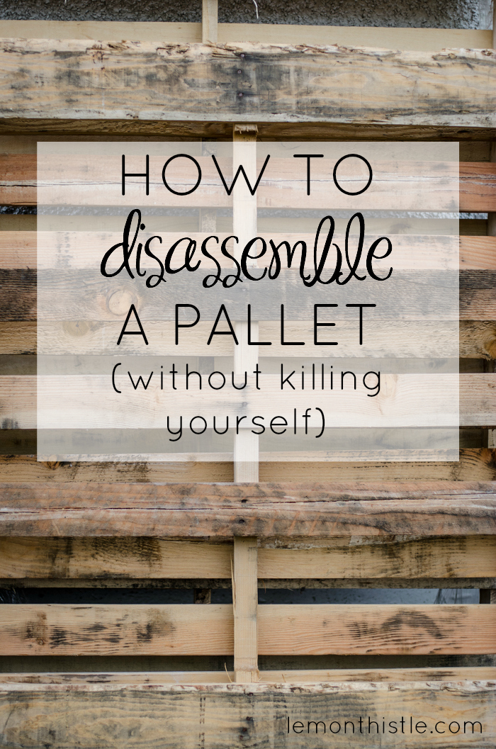 large pallet ready to take apart for free wood. Text overlay: How to disassemble a pallet without killing yourself