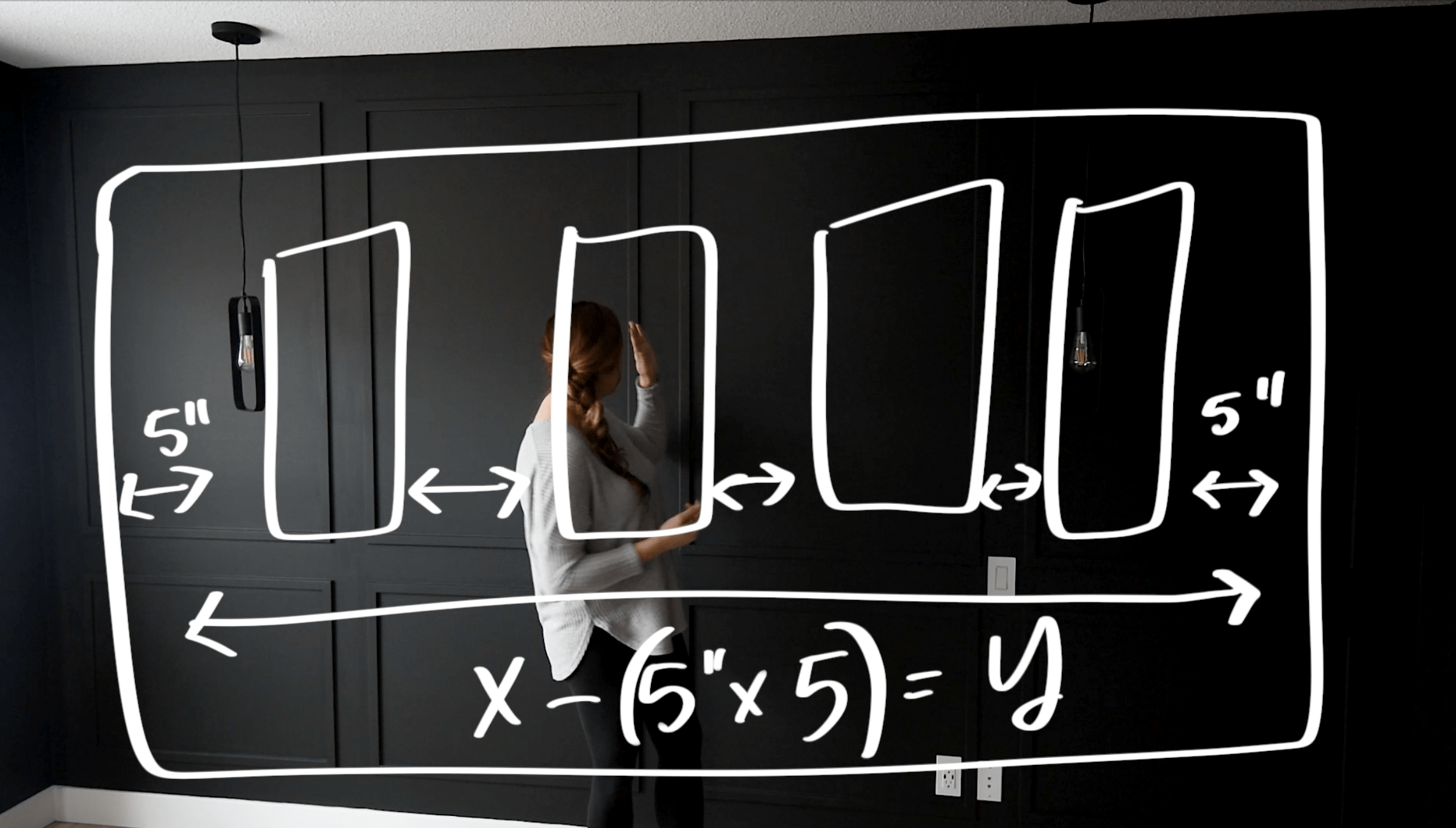 How to lay out your moulding wall measurements (math overlay on image of moulding wall)